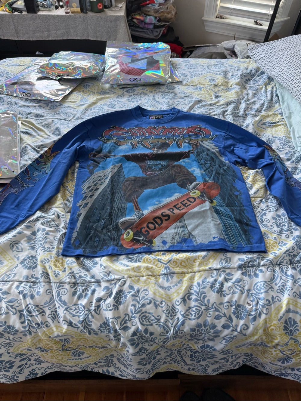 Godspeed Blue Skater Boy Men’s Graphic Long Sleeve Shirt